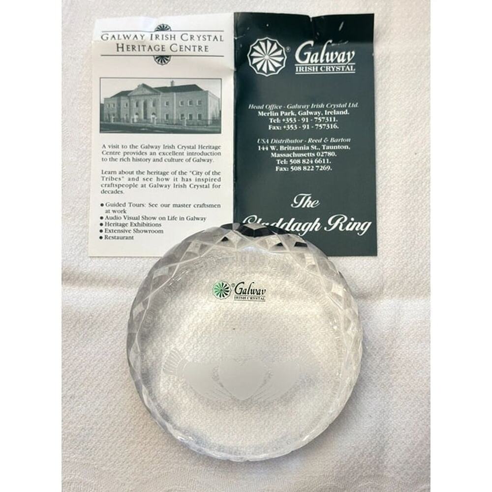Clear Irish crystal Claddagh Ring laser etched paper weight in box.